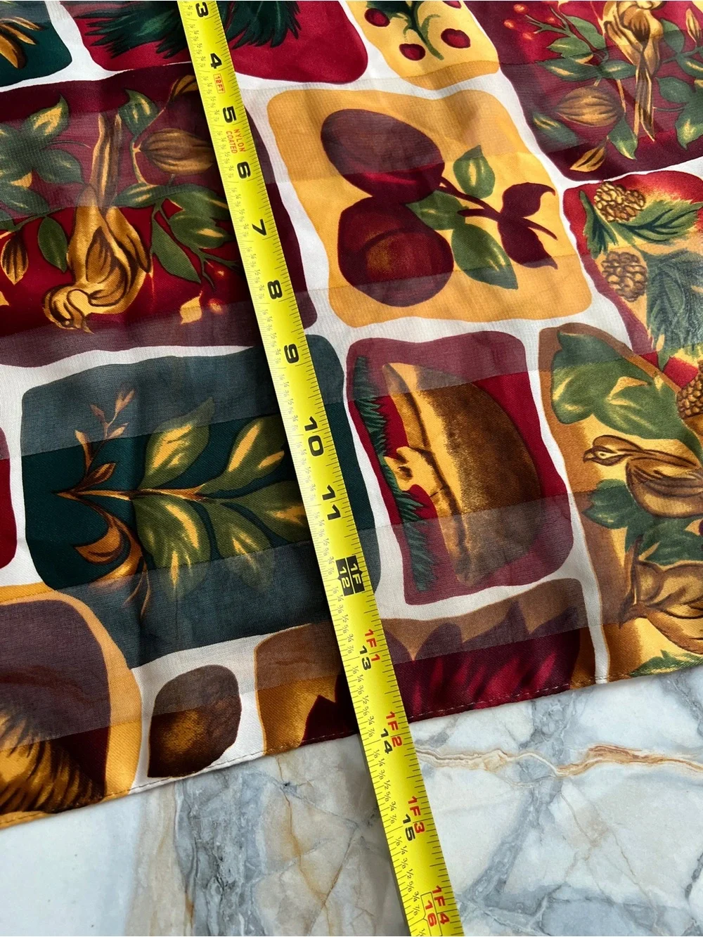 Autumn Fall Leaves Themed Sheer Scarf in Red, Green & Gold with Mushrooms
